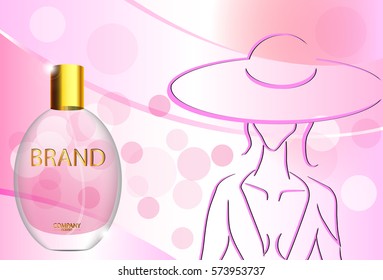 eps 10 vector advertising poster of luxury eau de parfum isolated on bokeh background with lay silhouette. Premium perfumery advertisement banner for web, print. Realistic glass bottle with vaporizer