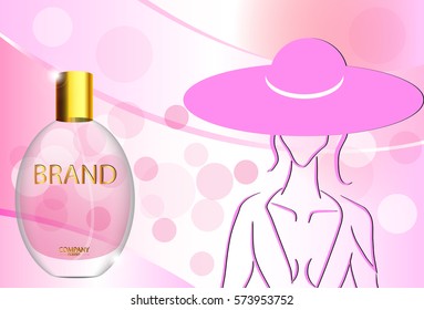 eps 10 vector advertising poster of luxury eau de parfum isolated on bokeh background with lay silhouette. Premium perfumery advertisement banner for web, print. Realistic glass bottle with vaporizer