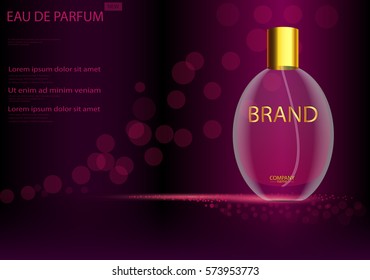 eps 10 vector advertising poster of luxury eau de parfum isolated on bokeh background. Premium cosmetics and perfumery advertisement banner for web, print. Realistic glass bottle with vaporizer spray