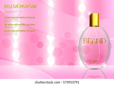 eps 10 vector advertising poster of luxury eau de parfum isolated on bokeh background. Premium cosmetics and perfumery advertisement banner for web, print. Realistic glass bottle with vaporizer spray