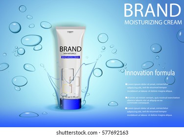 eps 10 vector advertising poster of revolutionary formula moisturizing cream with water air bubbles, water splashes effect backdrop. Realistic brand cosmetic tube package, cosmetic web, print banner