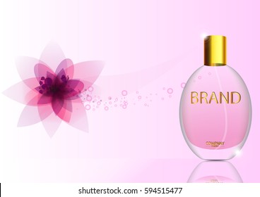 eps 10 vector advertising poster of luxury eau de parfum isolated on pink background with flowers. Premium perfumery advertisement banner for web, print. Realistic glass bottle with vaporizer spray