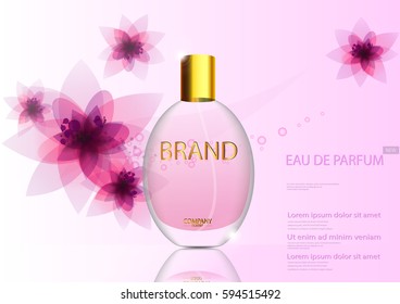 eps 10 vector advertising poster of luxury eau de parfum isolated on pink background with flowers. Premium perfumery advertisement banner for web, print. Realistic glass bottle with vaporizer spray