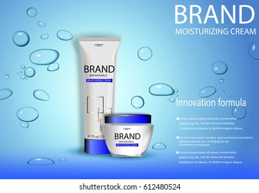 eps 10 vector advertising poster of revolutionary formula moisturizing hand and face cream with water air bubbles, water splashes. Realistic brand cosmetic tube package, cosmetic web, print banner