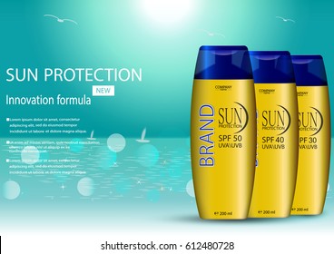 eps 10 vector advertising poster of sunblock or sunscreen cream isolated on turquoise background with bokeh effect. Premium advertisement banner for web, print. Realistic body lotion plastic bottle