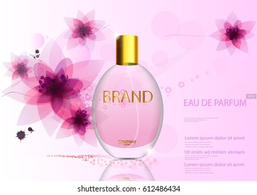 eps 10 vector advertising poster of luxury eau de parfum isolated on pink background with flowers. Premium perfumery advertisement banner for web, print. Realistic glass bottle with vaporizer spray