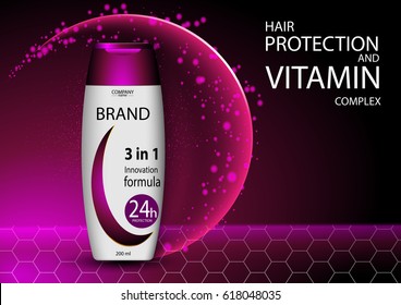 eps 10 vector advertising poster of revolutionary formula 3 in 1 complex hair shampoo, conditioner and mask with vitamin protection effect. Realistic brand cosmetic package, cosmetic web, print banner
