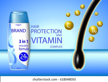 eps 10 vector advertising poster of revolutionary formula 3 in 1 complex hair shampoo, conditioner and mask with vitamin protection effect. Realistic brand cosmetic package, cosmetic web, print banner