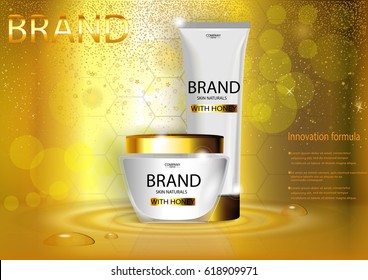 eps 10 vector advertising poster of revolutionary formula hand and face cream with honeycombs on golden background with bokeh effect. Realistic brand cosmetic tube package, cosmetic web, print banner