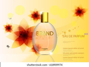 eps 10 vector advertising poster of luxury eau de parfum isolated on orange background with flowers. Premium perfumery advertisement banner for web, print. Realistic glass bottle with vaporizer spray