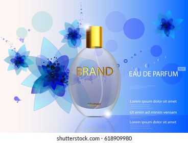 eps 10 vector advertising poster of luxury eau de parfum isolated on blue background with flowers. Premium perfumery advertisement banner for web, print. Realistic glass bottle with vaporizer spray