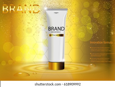 eps 10 vector advertising poster of revolutionary formula hand or face cream with honeycombs on golden background with bokeh effect. Realistic brand cosmetic tube package, cosmetic web, print banner