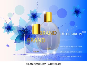 eps 10 vector advertising poster of luxury eau de parfum isolated on blue background with flowers. Premium perfumery advertisement banner for web, print. Realistic glass bottle with vaporizer spray