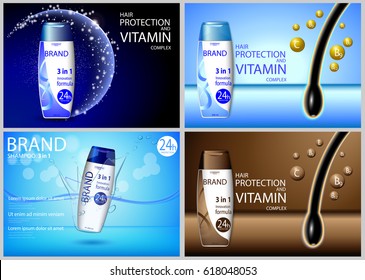 eps 10 vector advertising posters set of revolutionary formula hair shampoo: hair follicle vitamin protection, 3-in-1 complex, anti-dandruff effect. Realistic brand cosmetic package, web, print banner