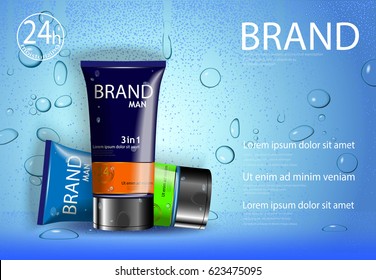 eps 10 vector advertising presentation poster of luxury hydrating man face care complex with water drops effect backdrop. Cosmetics advertisement banner for web, print. Realistic brand cosmetic tube