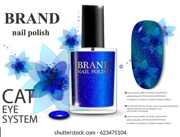 eps 10 vector advertising presentation poster of gel nail polish with cat eye shimmering formula. Innovation nail care cosmetics advertisement banner for web, print. Realistic brand cosmetic tube