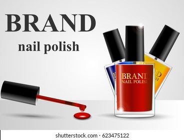 eps 10 vector advertising presentation poster of shimmer gel nail polish palette isolated on gray. Innovation nail care cosmetics advertisement banner for web, print. Realistic brand cosmetic tube
