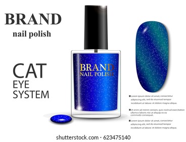 eps 10 vector advertising presentation poster of gel nail polish with cat eye shimmering formula. Innovation nail care cosmetics advertisement banner for web, print. Realistic brand cosmetic tube