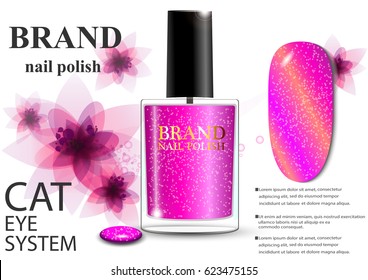 eps 10 vector advertising presentation poster of gel nail polish with cat eye shimmering formula. Innovation nail care cosmetics advertisement banner for web, print. Realistic brand cosmetic tube