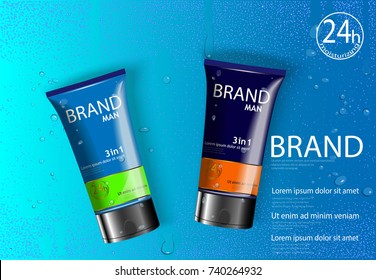 eps 10 vector advertising presentation poster of luxury hydrating man face care complex with water drops effect backdrop. Cosmetics advertisement banner for web, print. Realistic brand cosmetic tube