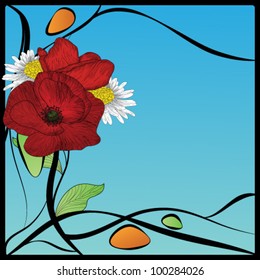 Eps 10 vector - art nouveau frame with poppies, daisies and space for text