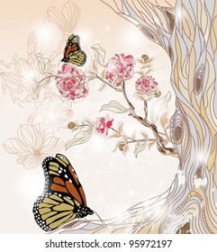 EPS 10 vector - artistic spring scenery with peony branch, tree and butterflies