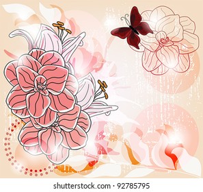 Eps 10 vector - artistic template with big camellia flowers, lily buds and space for text - layers separated - easily editable
