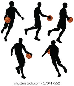 EPS 10 vector basketball players silhouette collection in dribble position 