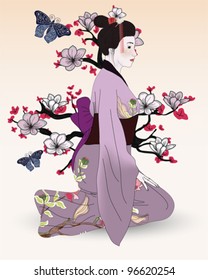EPS 10 vector - beautiful geisha in a japanese garden