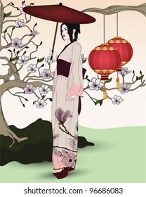 EPS 10 vector  - beautiful geisha in an oriental garden