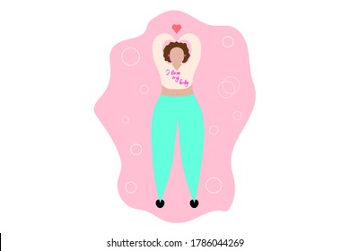EPS 10 vector. Beautiful plus-size woman showing heart. Body positive concept.