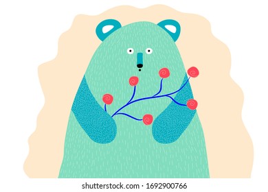 EPS 10 vector. Blue cute bear holding a red flower on a pink background.