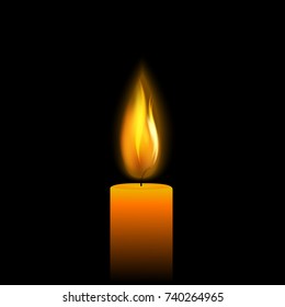 eps 10 vector burning candle isolated on black background. Realistic hand drawn wax candle with burning flame in dark. Editable poster, banner, brochure for web, print. Graphic clip art illustration