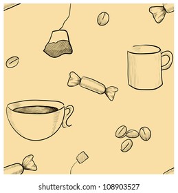 Eps 10 vector coffee and tea seamless pattern. Graphic hatched by hand illustration