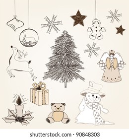EPS 10 vector - collection of hand drawn christmas elements in vintage style