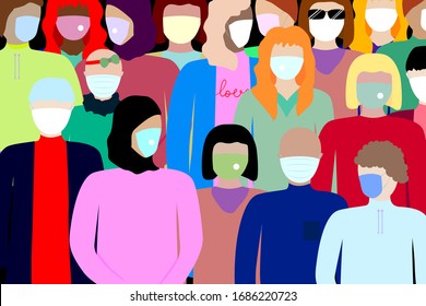 EPS 10 vector. Coronavirus spread concept. A lot of people in face masks.