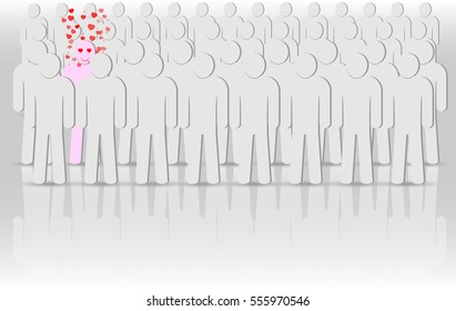 eps 10 vector corporate life icon. Person full of love among crowd of same people silhouettes. Social icon. Flat user group network. Corporate team group. Community member icon. Business team activity