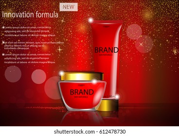 eps 10 vector cosmetic advertising banner for web, print. Advertisement presentation poster of luxury revolutionary formula face and hand cream with bokeh, golden glitter. Realistic brand tube package