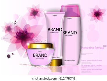 eps 10 vector cosmetic advertising banner for web, print. Advertisement presentation poster of revolutionary formula face and hand cream, body lotion with pink spring flowers. Realistic brand package