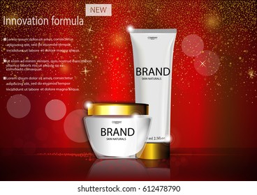 eps 10 vector cosmetic advertising banner for web, print. Advertisement presentation poster of luxury revolutionary formula face and hand cream with bokeh, golden glitter. Realistic brand tube package