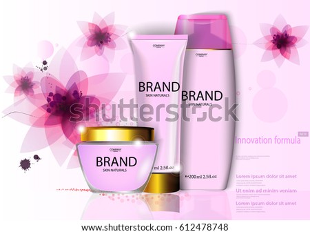 eps 10 vector cosmetic advertising banner for web, print. Advertisement presentation poster of revolutionary formula face and hand cream, body lotion with pink spring flowers. Realistic brand package