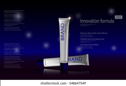 eps 10 vector cosmetics advertising banner for web, print. Realistic brand cosmetic tube package. Advertising presentation poster of innovation formula night eye cream with stars bokeh effect backdrop
