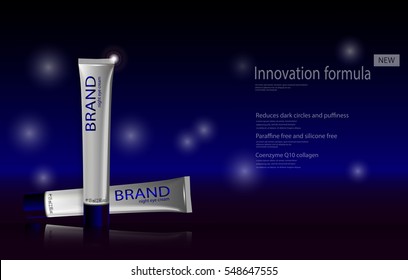 eps 10 vector cosmetics advertising banner for web, print. Realistic brand cosmetic tube package. Advertising presentation poster of innovation formula night eye cream with stars bokeh effect backdrop