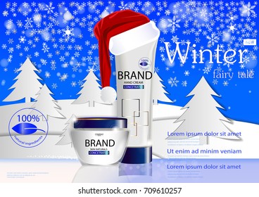 eps 10 vector cosmetics winter cream tube, bottle. Winter background with falling snow and winter forest. Happy New Year shopping promotional banner. Red Santa's hat. Christmas sale advertising poster