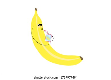 EPS 10 vector. Cute kawaii yellow banana is drinking banana milk or juice.
