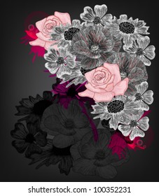 Eps 10 vector - elegant hand drawn floral composition with different kinds of flowers