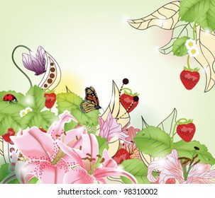 EPS 10 vector - enchanted summer garden with strawberries and different kind of flowers