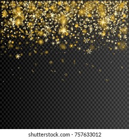 eps 10 vector falling golden glitter confetti isolated on transparent background. Editable graphic effect layer for greeting cards, web, print, design. Merry Christmas and Happy New Year card design