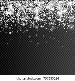 eps 10 vector falling snow with bokeh effect isolated on transparent background. Editable graphic effect layer for greeting cards, web, print. Merry Christmas and Happy New Year advertising design