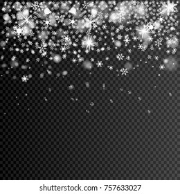 eps 10 vector falling snow with bokeh effect isolated on transparent background. Editable graphic effect layer for greeting cards, web, print, design. Merry Christmas and Happy New Year card design